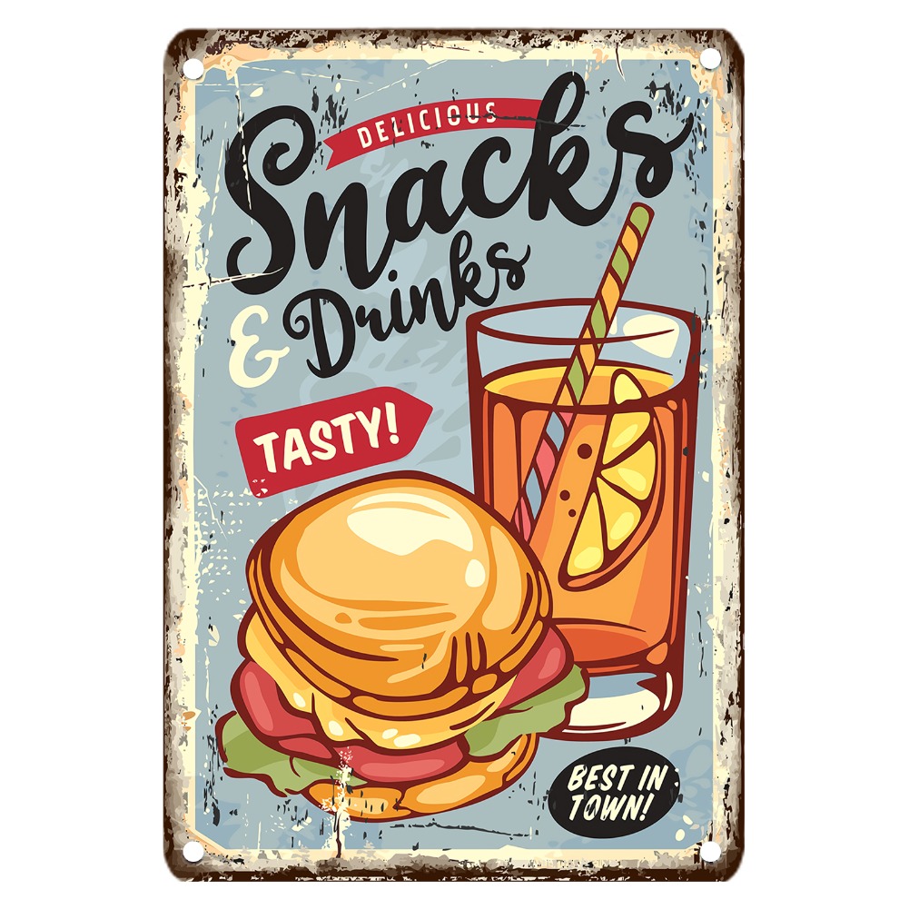 Food Drink Snacks - Papan Logam Vintage Bertema Makanan, Dekorasi